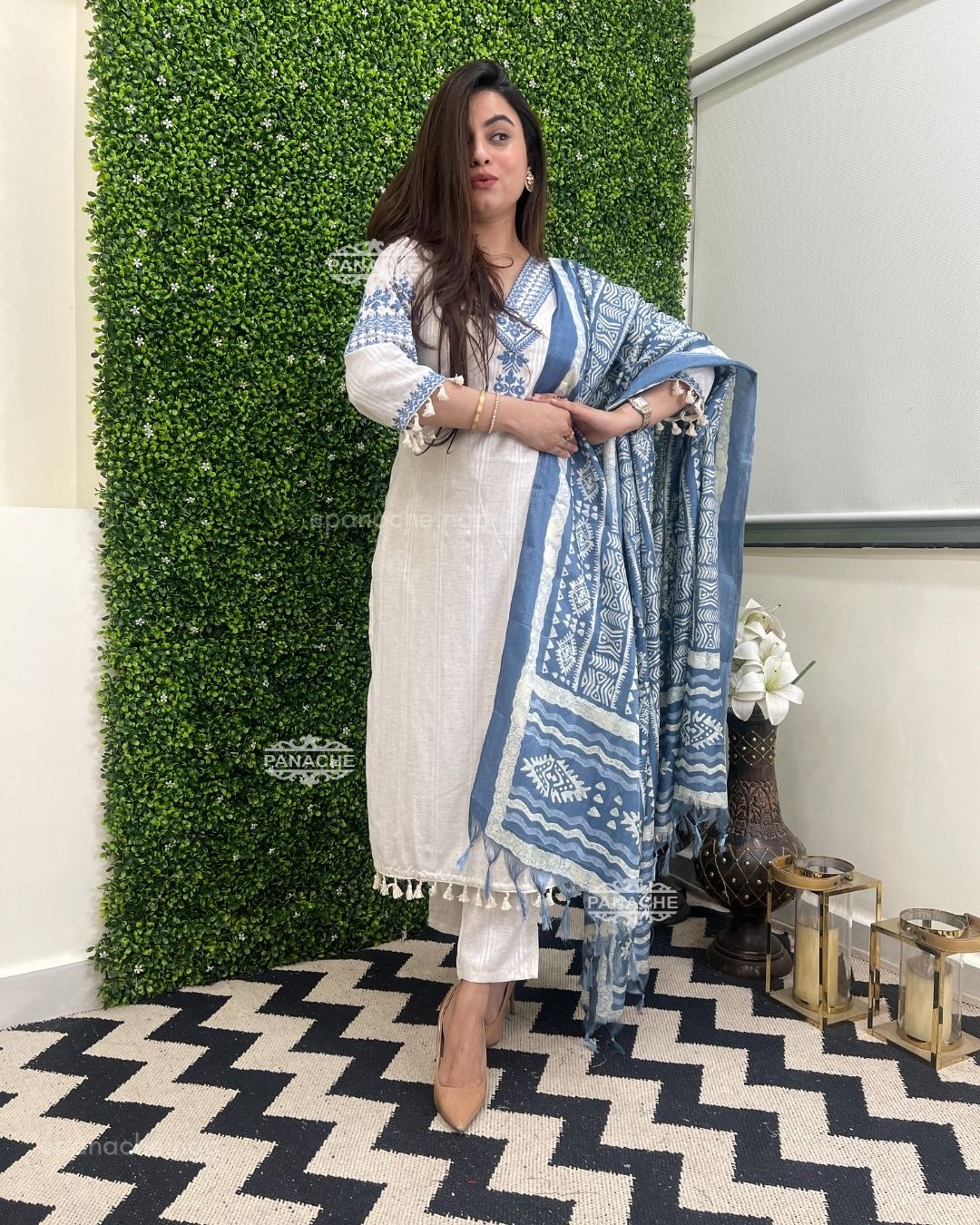 "Women’s Vertigan Fabric Embroidered 3-Piece Kurti Set with Dupatta & Bottom – White & Gray"