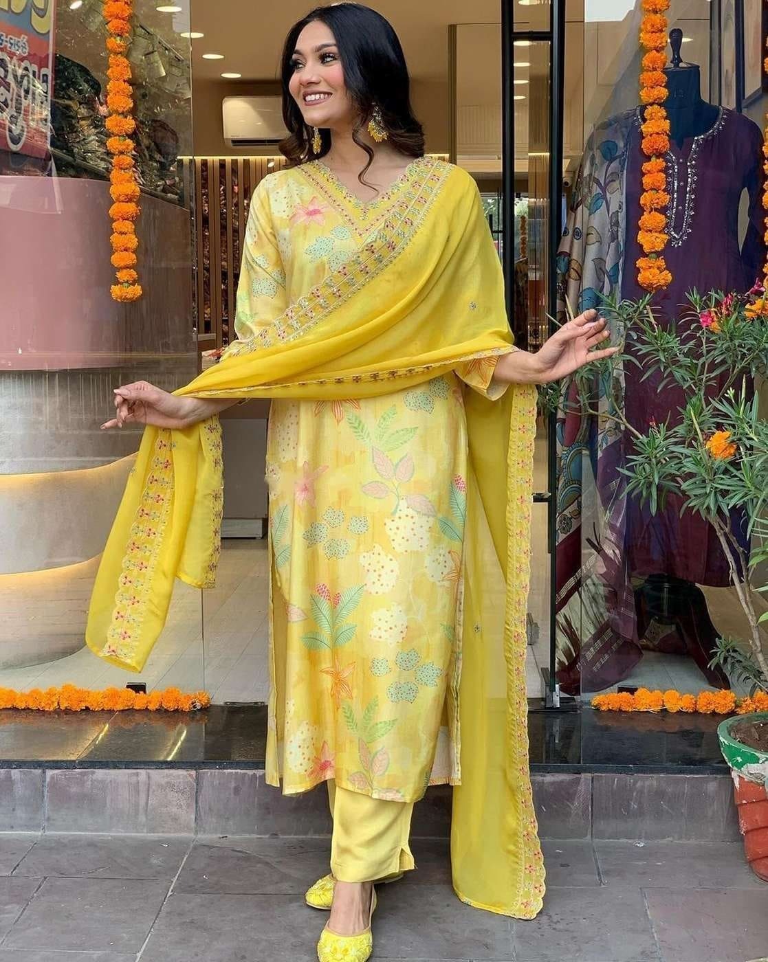 Vibrant Yellow Rayon Kurta Set with Embroidered Dupatta