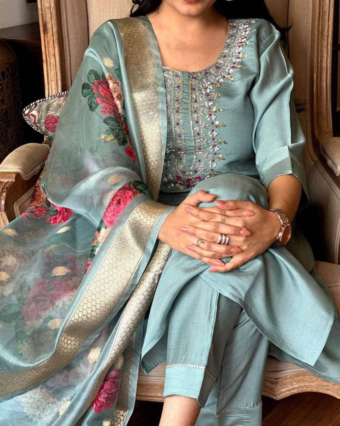 Graceful Sky Blue Gadhwal Silk Kurta Set with Printed Organza Dupatta