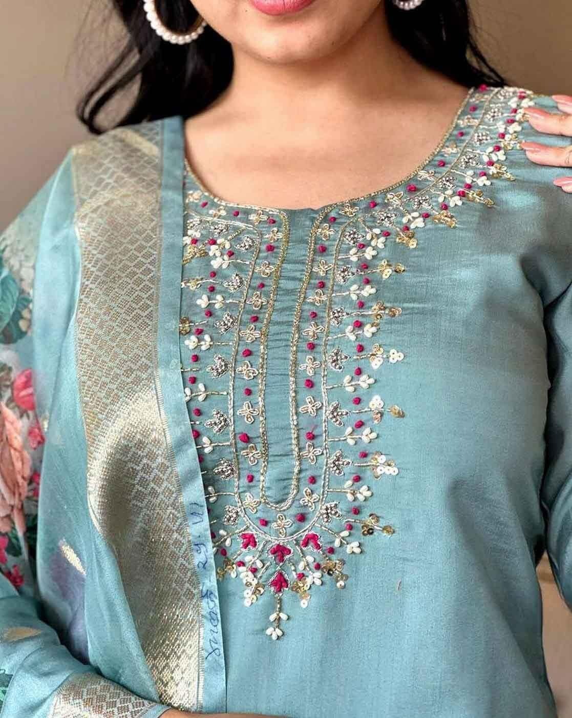Graceful Sky Blue Gadhwal Silk Kurta Set with Printed Organza Dupatta