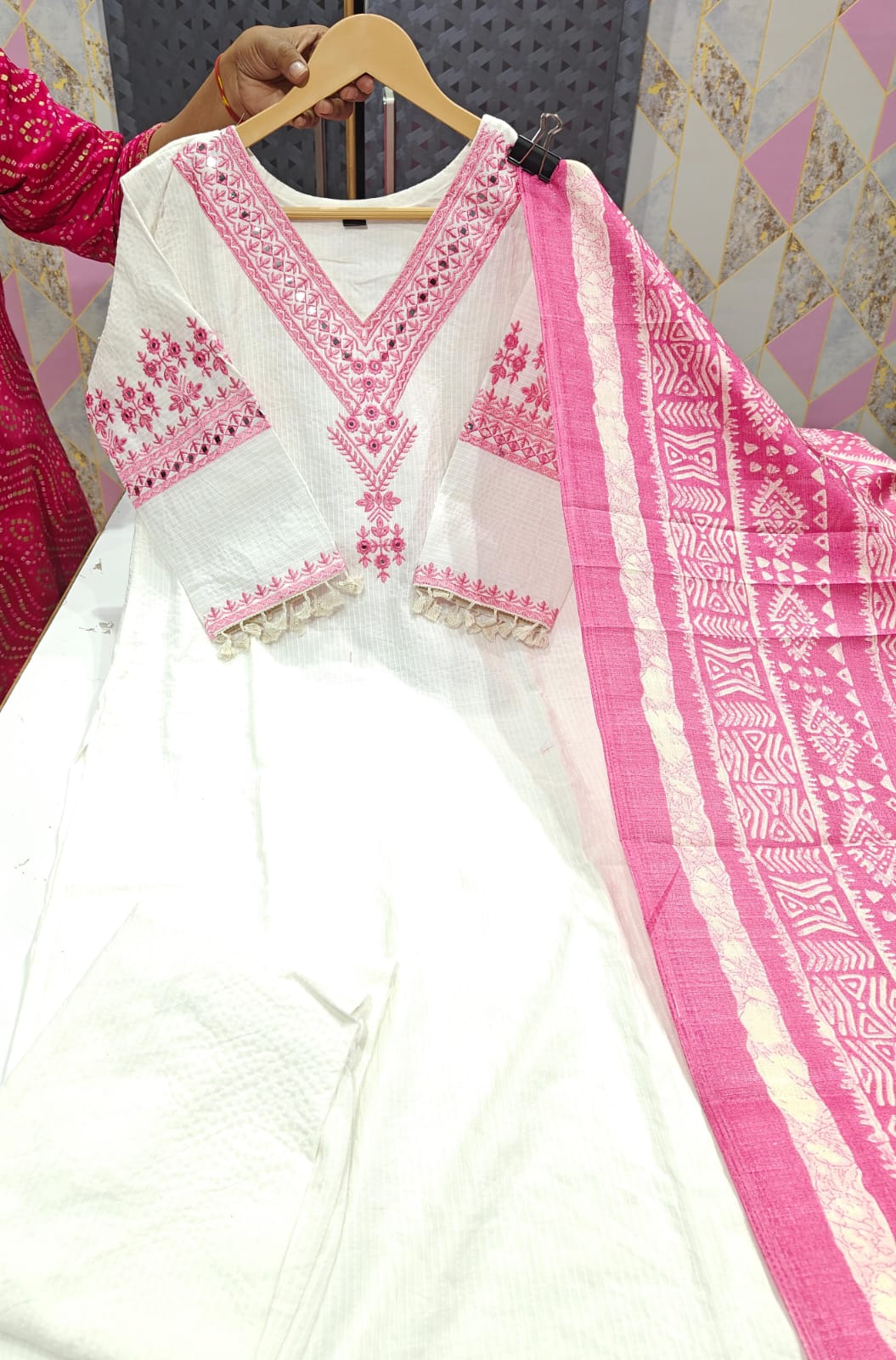 "Women’s Vertigan Fabric Embroidered 3-Piece Kurti Set with Dupatta & Bottom