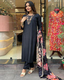 Chic Black Muslin Kurta Set with Embroidered Floral Dupatta