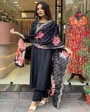 Chic Black Muslin Kurta Set with Embroidered Floral Dupatta