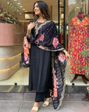 Chic Black Muslin Kurta Set with Embroidered Floral Dupatta