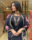 Chic Black Muslin Kurta Set with Embroidered Floral Dupatta