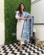 "Women’s Vertigan Fabric Embroidered 3-Piece Kurti Set with Dupatta & Bottom – White & Gray"