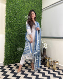 "Women’s Vertigan Fabric Embroidered 3-Piece Kurti Set with Dupatta & Bottom – White & Gray"