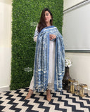 "Women’s Vertigan Fabric Embroidered 3-Piece Kurti Set with Dupatta & Bottom – White & Gray"