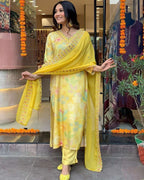 Vibrant Yellow Rayon Kurta Set with Embroidered Dupatta