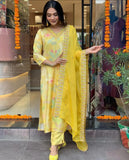 Vibrant Yellow Rayon Kurta Set with Embroidered Dupatta