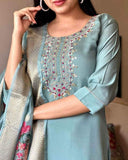Graceful Sky Blue Gadhwal Silk Kurta Set with Printed Organza Dupatta