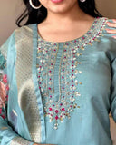 Graceful Sky Blue Gadhwal Silk Kurta Set with Printed Organza Dupatta