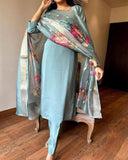 Graceful Sky Blue Gadhwal Silk Kurta Set with Printed Organza Dupatta