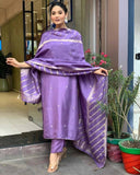 Royal Purple Viscose Silk Blend Kurta Set with Striped Dupatta