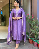 Royal Purple Viscose Silk Blend Kurta Set with Striped Dupatta