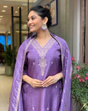 Royal Purple Viscose Silk Blend Kurta Set with Striped Dupatta