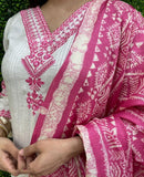 "Women’s Vertigan Fabric Embroidered 3-Piece Kurti Set with Dupatta & Bottom