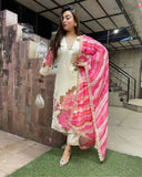 Elegant Off-White Teby Silk 3-Piece Kurta Set with Pink Floral Print