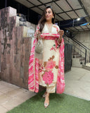 Elegant Off-White Teby Silk 3-Piece Kurta Set with Pink Floral Print