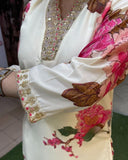 Elegant Off-White Teby Silk 3-Piece Kurta Set with Pink Floral Print