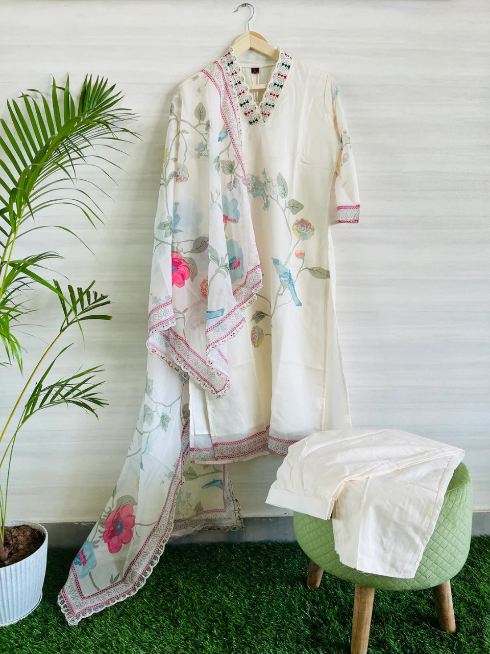 Elegant Off-White Teby Silk 3-Piece Kurta Set with Dupatta