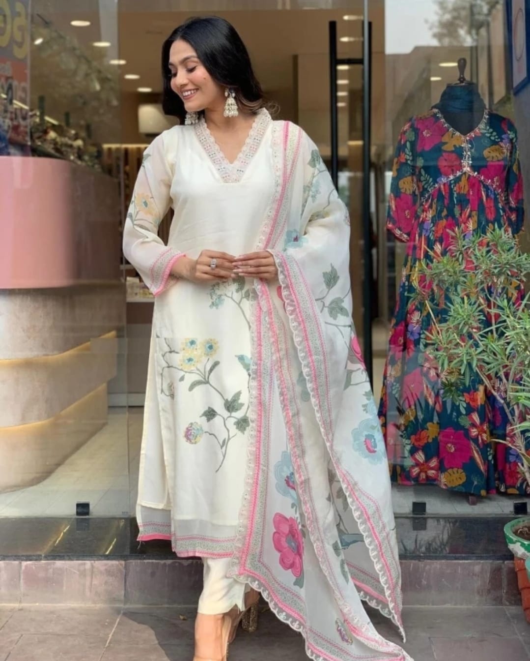 Elegant Off-White Teby Silk 3-Piece Kurta Set with Dupatta