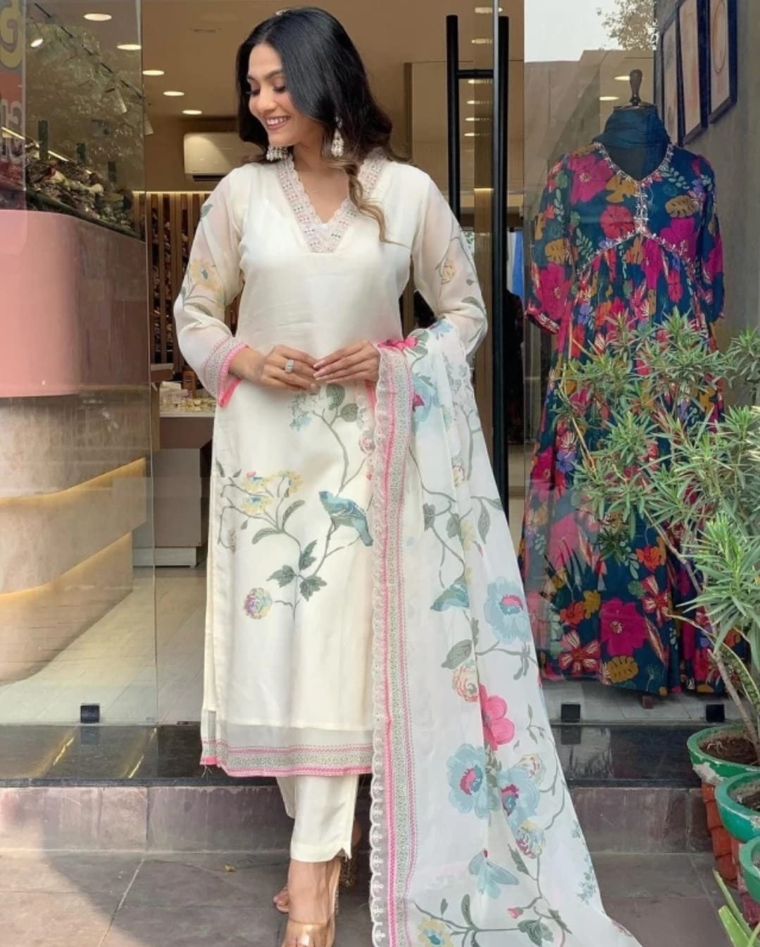 Elegant Off-White Teby Silk 3-Piece Kurta Set with Dupatta